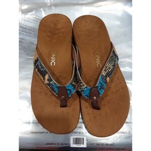 Vionic Women's Snakeskin Pattern Orthotic Flip Flops Blue Black Gold 8